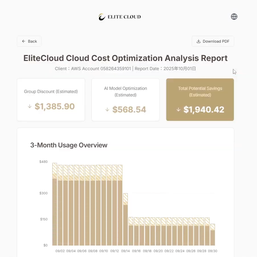 Get a free 40 Cost Saving Analysis with the Elite Cloud AI Tool image | Elite Cloud Elite Cloud AI Tool Analysis Result