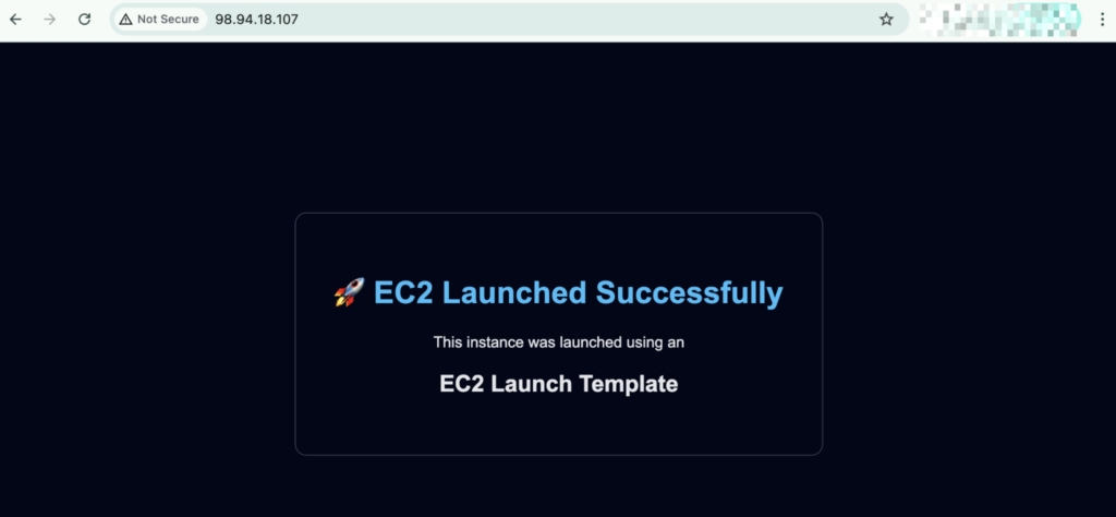 Website showing successful launch of EC2 instance