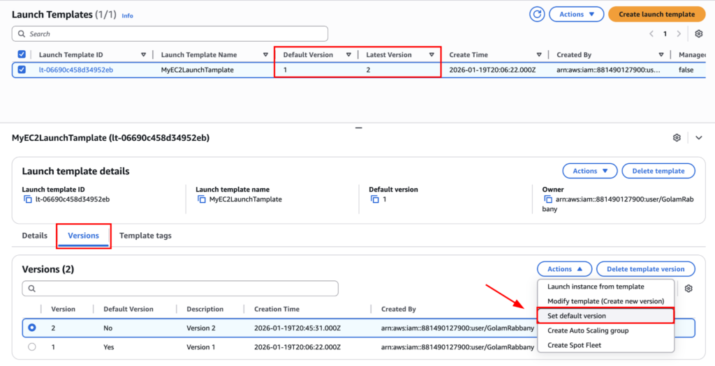 Setting the version 2 as default Launch Template