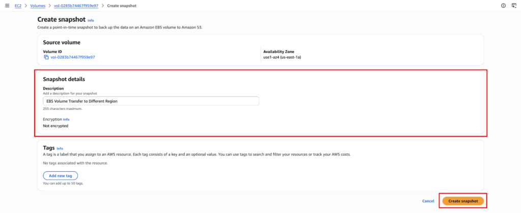 Creating EBS Volume snapshot: Filling in info