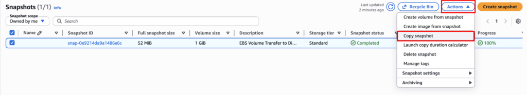 Copying the EBS snapshot to another region