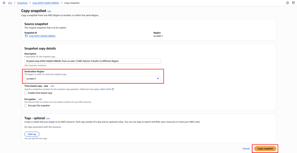 Copying the EBS snapshot to another region: Choosing destination region