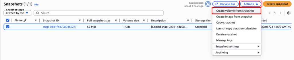 Creating a new EBS volume from the snapshot