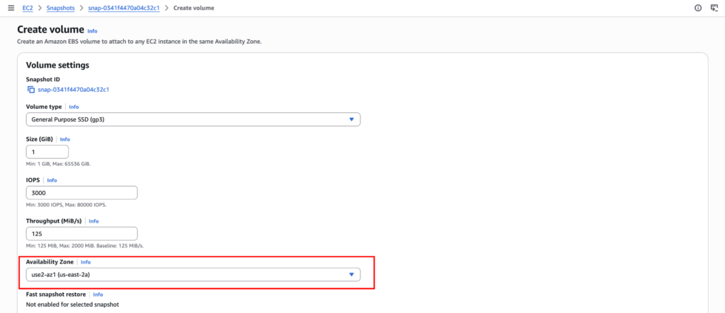 Creating a new EBS volume from the snapshot: Choosing the availability zone