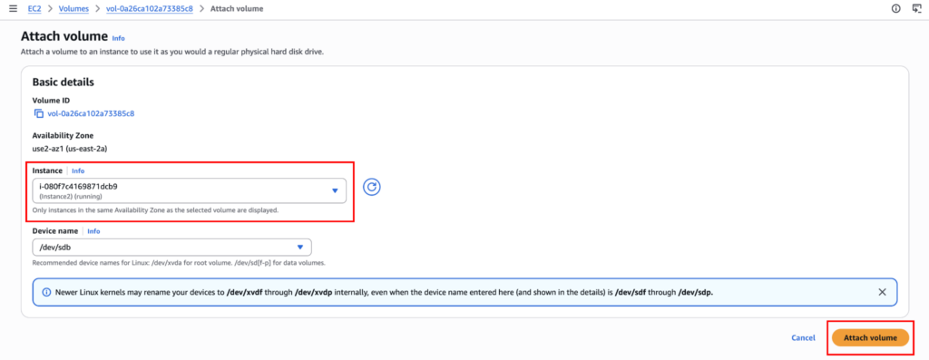 Attaching the EBS volume in target region: Choosing the instance