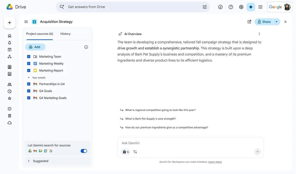 Screenshot of a Google Drive-like workspace labeled 'Acquisition Strategy' showing a left panel with a checklist of project sources and a right pane with an 'AI Overview' paragraph about a marketing strategy.