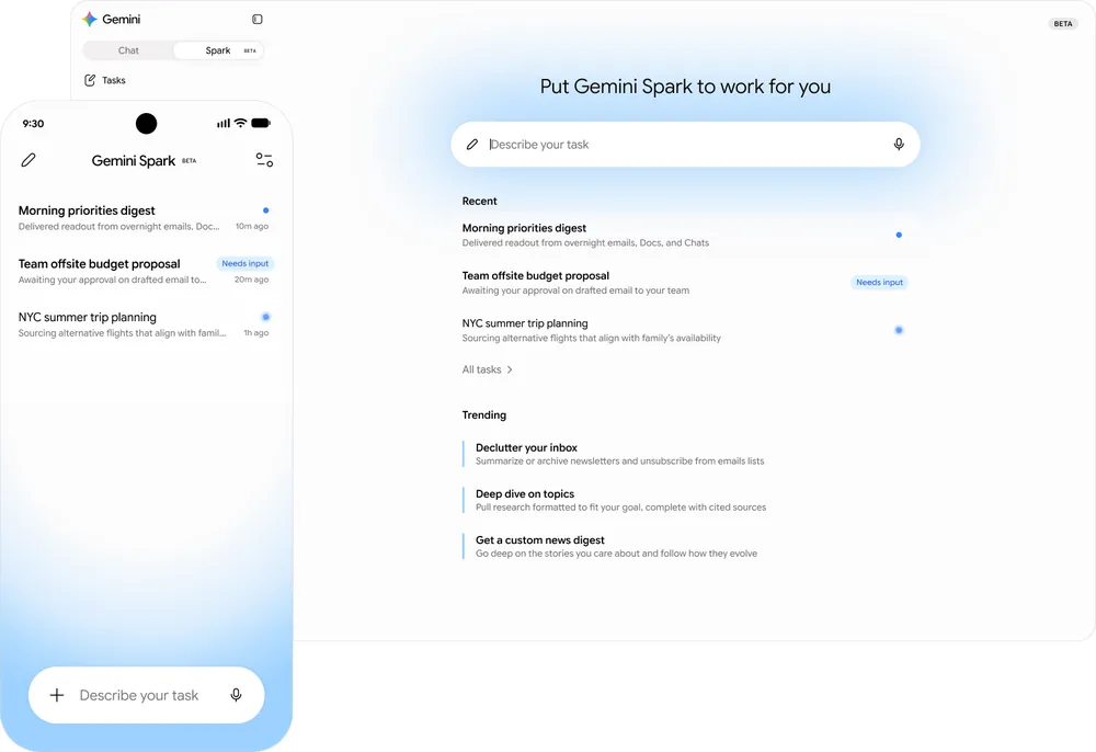 Gemini Spark 介面：左側行動裝置任務清單、右側桌面派工視窗，可看到 Morning priorities digest、Team offsite budget proposal 等多步驟任務