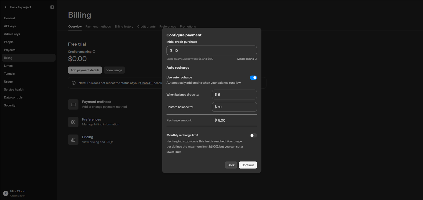 openai-api-key-step2-billing-v2 | Elite Cloud Billing 的 Configure payment 視窗:首次儲值金額(5 至 100 美元)與 Auto recharge 自動儲值設定