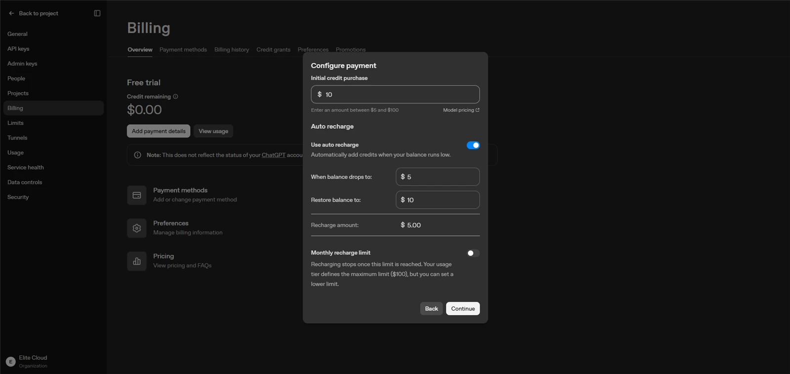 Billing 的 Configure payment 視窗:首次儲值金額(5 至 100 美元)與 Auto recharge 自動儲值設定