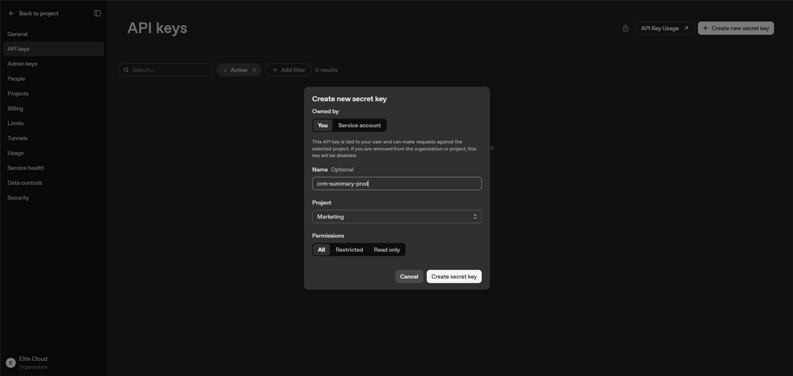 Create new secret key 視窗:為金鑰命名 crm-summary-prod、選擇所屬專案與權限範圍