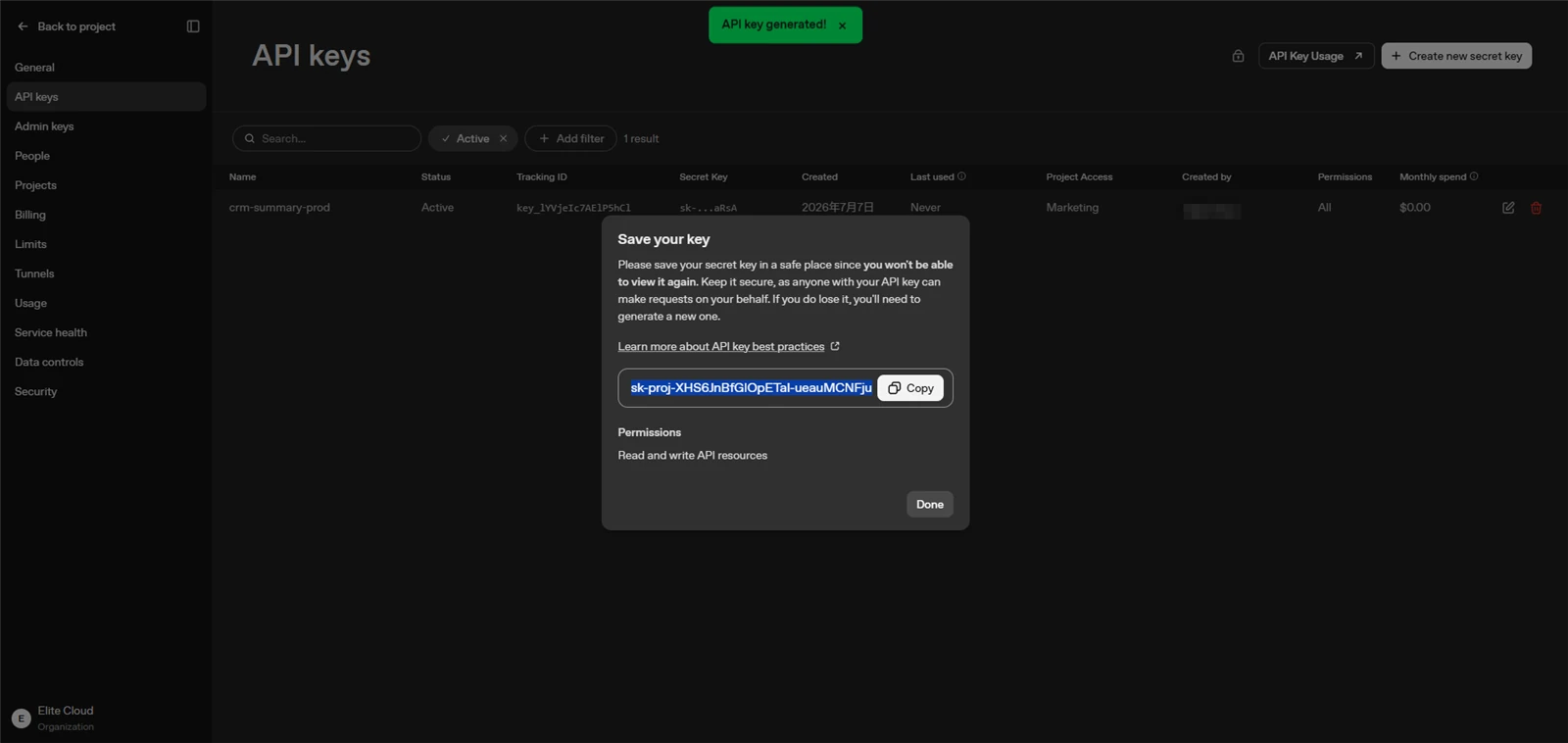 Save your key 一次性畫面:完整金鑰只顯示這一次,需立刻複製保存(示範金鑰已作廢)