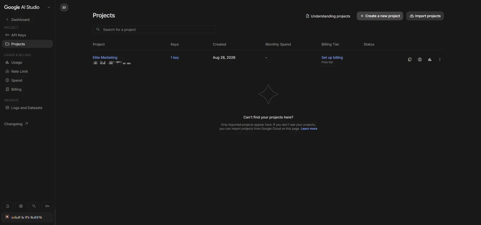 Google AI Studio 的 Projects 頁面,列出可選取或匯入的 Cloud 專案